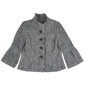 Madison Tweed Fringed Jacket Blazer Womens Sz 14 Gray Black Textured Bell Sleeve